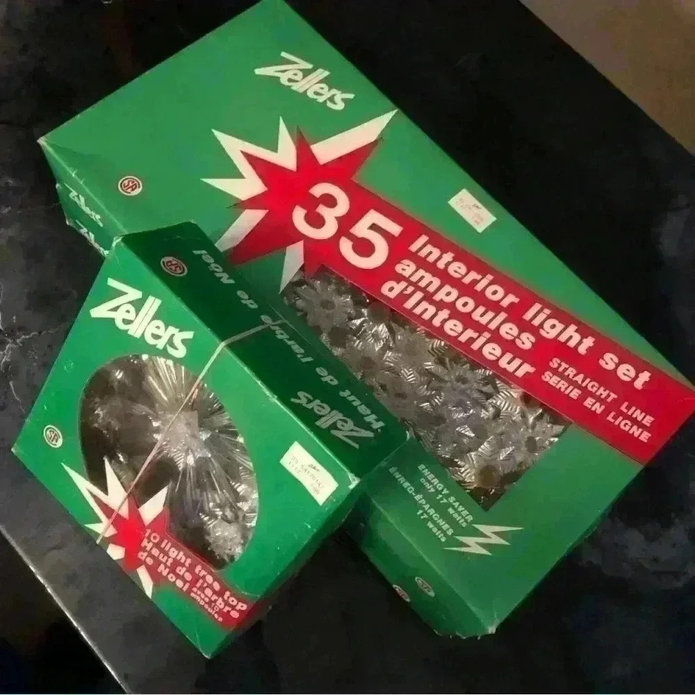 Set  of 2 Vintage Zellers Christmas tree 35-light sets and 1 lighted tree topper
